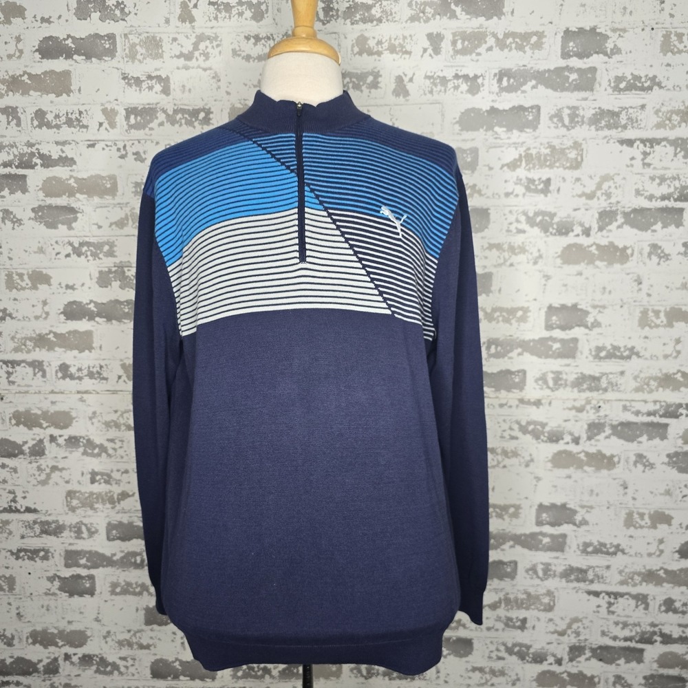 Puma Mens Embroidered Logo Navy Striped 1/4 Zip Pullover Sweater Size Large